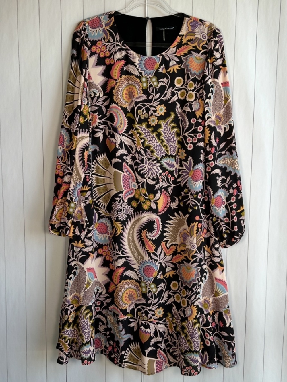 Luisa Cerano size 12 midi dress black paisley colorful long sleeve chiffon shift